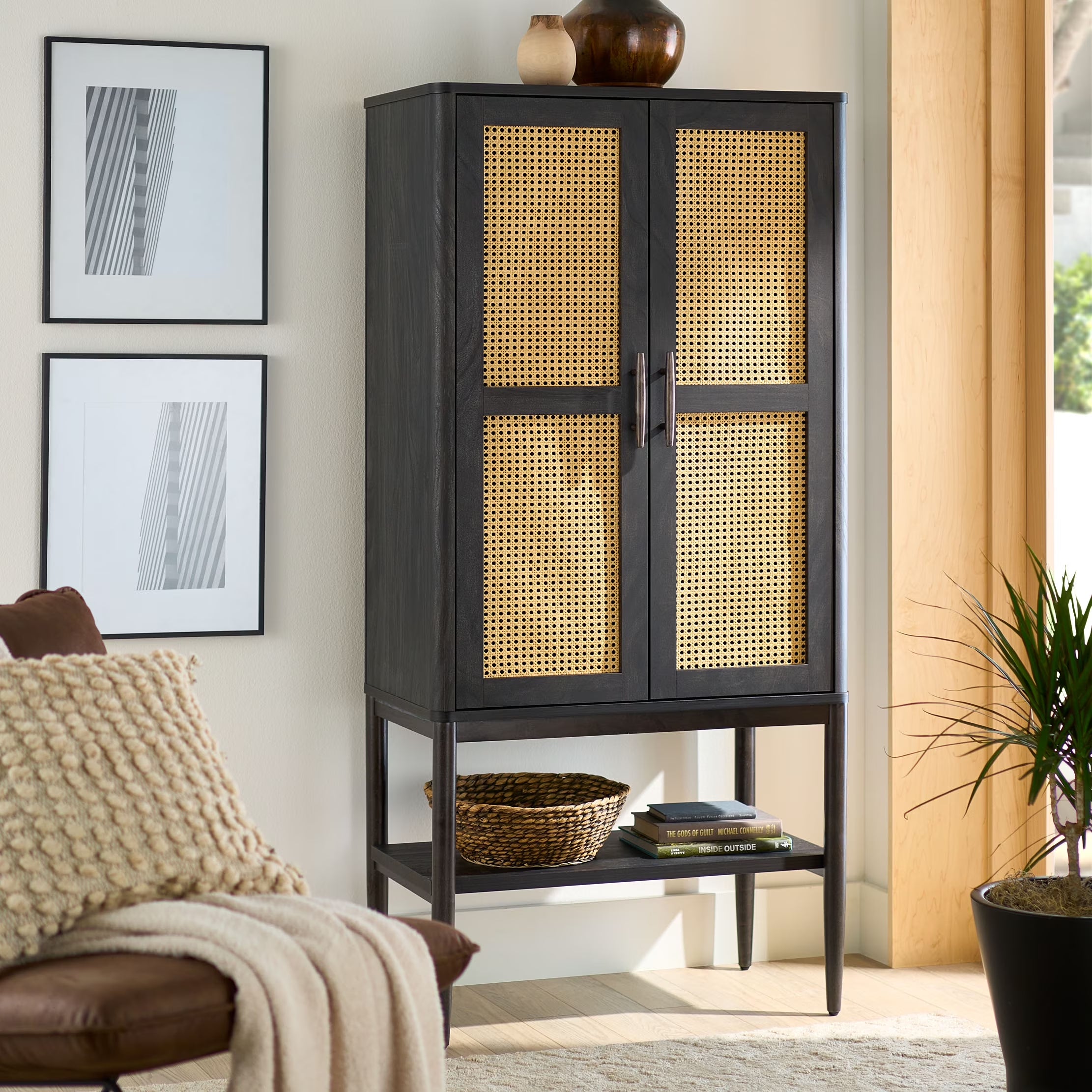 Springwood Caning Storage Accent Cabinet, Charcoal Finish