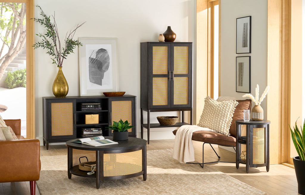 Springwood Caning Storage Accent Cabinet, Charcoal Finish