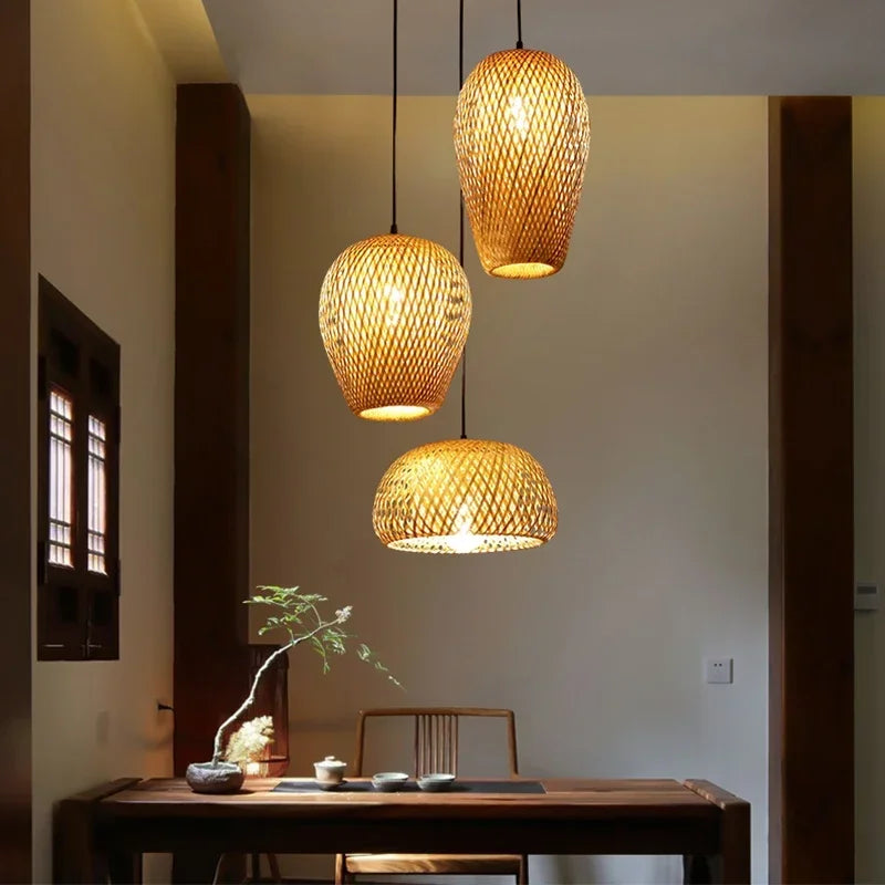 Chinese Japanese Chandelier Natural Bamboo Rattan Pendant Lights Shades Restaurant E27 Lighting Handmade Weaving Hanging Lamp