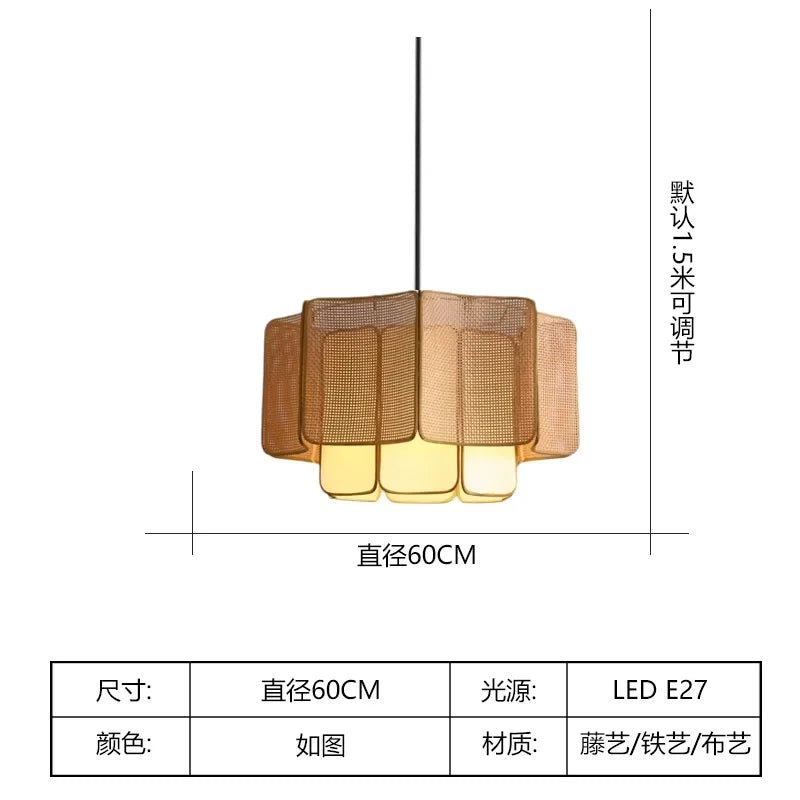 Japanese Rattan Chandelier Wabi Sabi Vintage pendant Light Bedroom Kitchen Island Living Dining Room Hotel Bedroom hanging Lamp