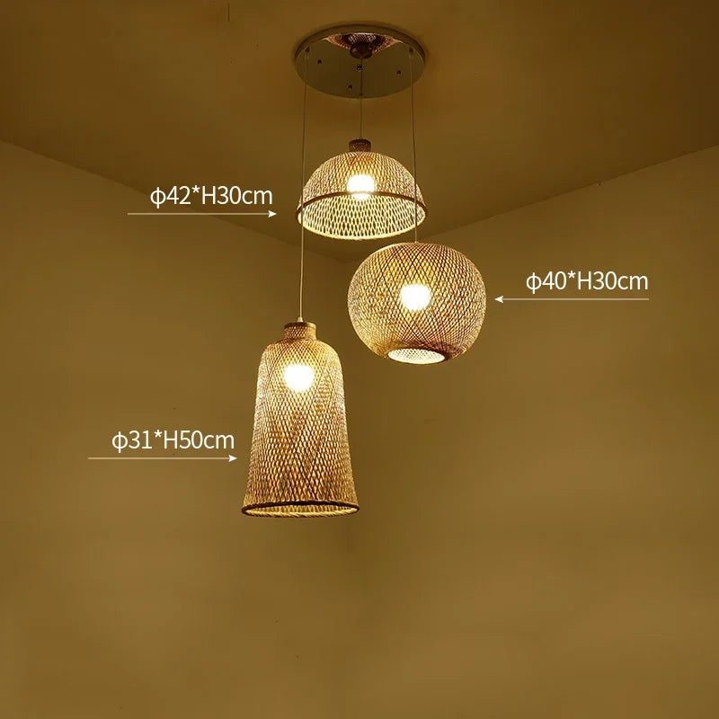 Chinese Japanese Chandelier Natural Bamboo Rattan Pendant Lights Shades Restaurant E27 Lighting Handmade Weaving Hanging Lamp