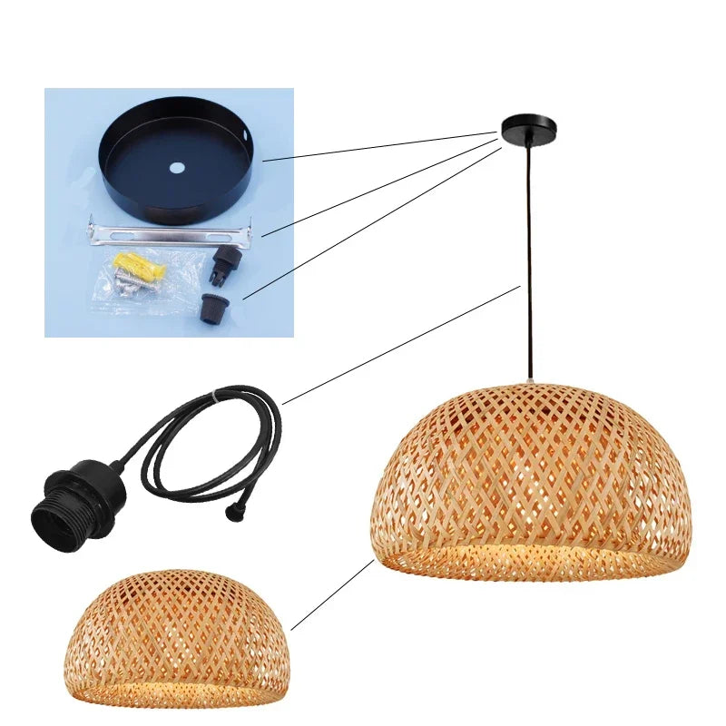 Chinese Japanese Chandelier Natural Bamboo Rattan Pendant Lights Shades Restaurant E27 Lighting Handmade Weaving Hanging Lamp