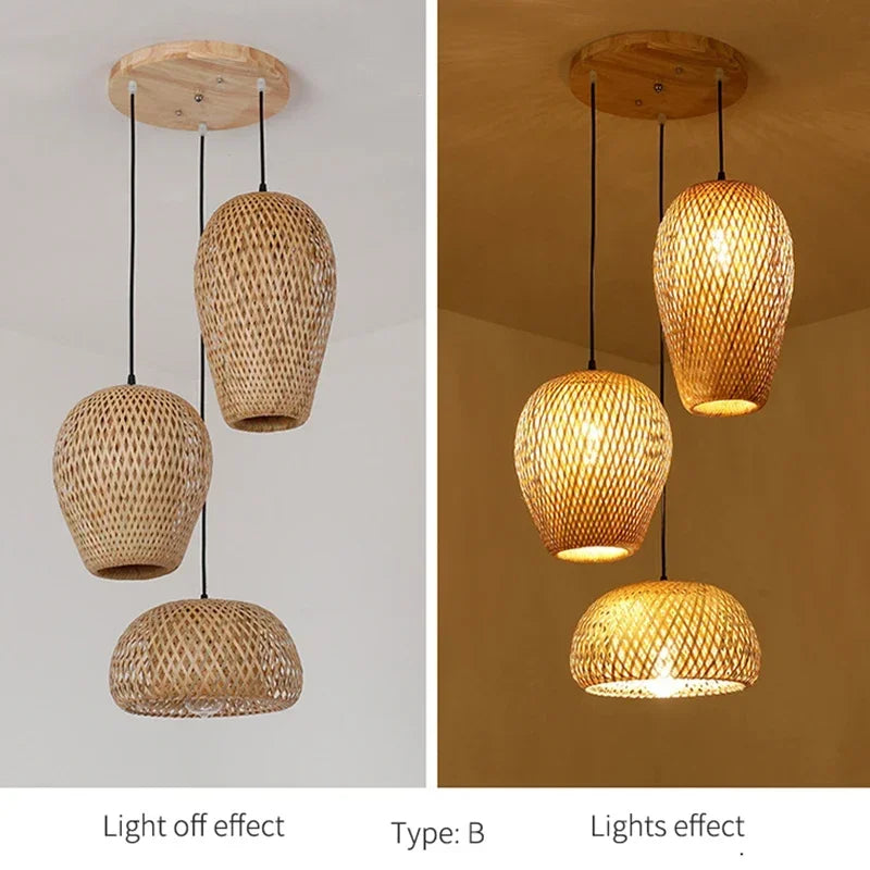 Chinese Japanese Chandelier Natural Bamboo Rattan Pendant Lights Shades Restaurant E27 Lighting Handmade Weaving Hanging Lamp