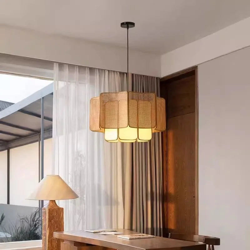 Japanese Rattan Chandelier Wabi Sabi Vintage pendant Light Bedroom Kitchen Island Living Dining Room Hotel Bedroom hanging Lamp