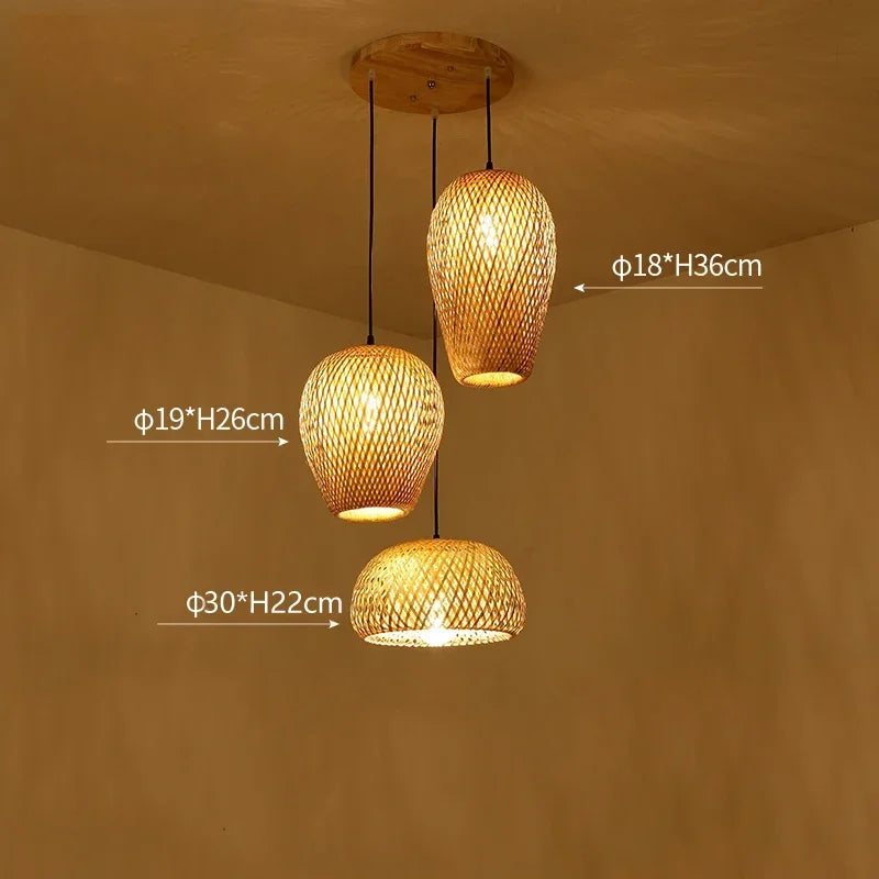 Chinese Japanese Chandelier Natural Bamboo Rattan Pendant Lights Shades Restaurant E27 Lighting Handmade Weaving Hanging Lamp