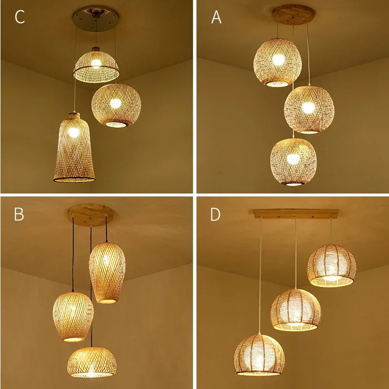 Chinese Japanese Chandelier Natural Bamboo Rattan Pendant Lights Shades Restaurant E27 Lighting Handmade Weaving Hanging Lamp