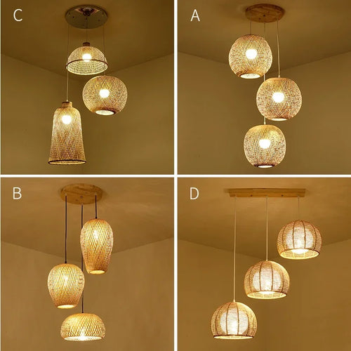Chinese Japanese Chandelier Natural Bamboo Rattan Pendant Lights Shades Restaurant E27 Lighting Handmade Weaving Hanging Lamp